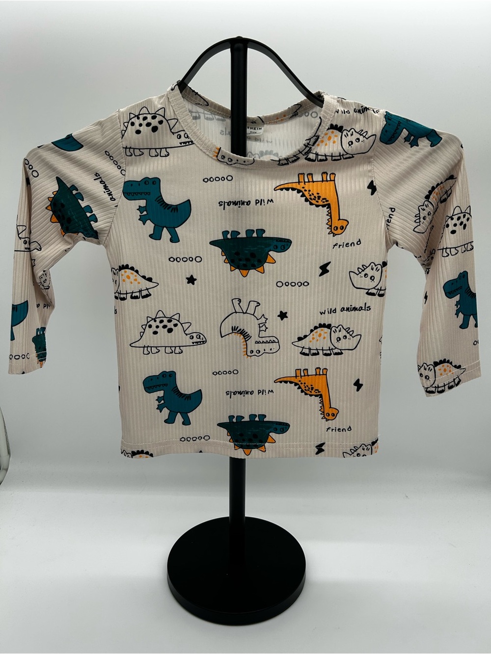 SHEIN Cream Long Sleeve Tee with Teal & Orange Dino Print Size 2-3Y